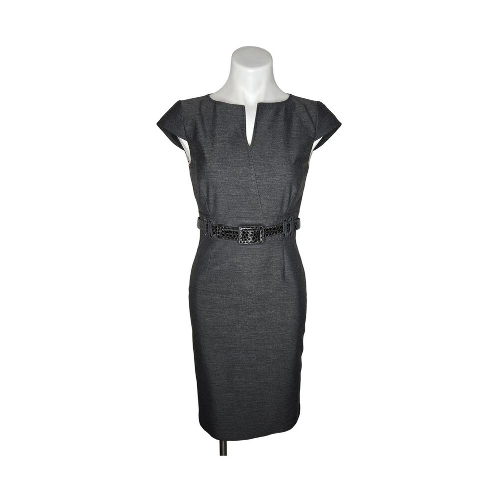 TAHARI Sleeveless Cap Sleeve Sheath Dress Heather Gray Black Belt Size 2